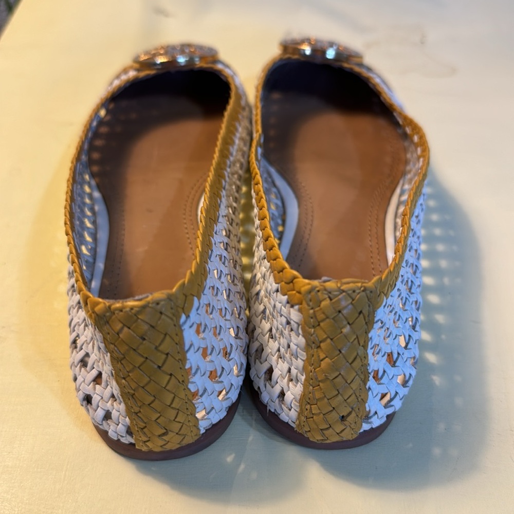 TORY BURCH Woven Leather Cap Toe Ballet Flats (gold and white w/gold logo) - Picture 6 of 6